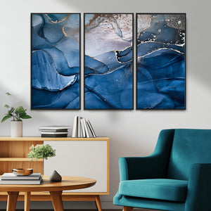 Navy Blue Canvas Art Abstract Print – Elegant Triptych