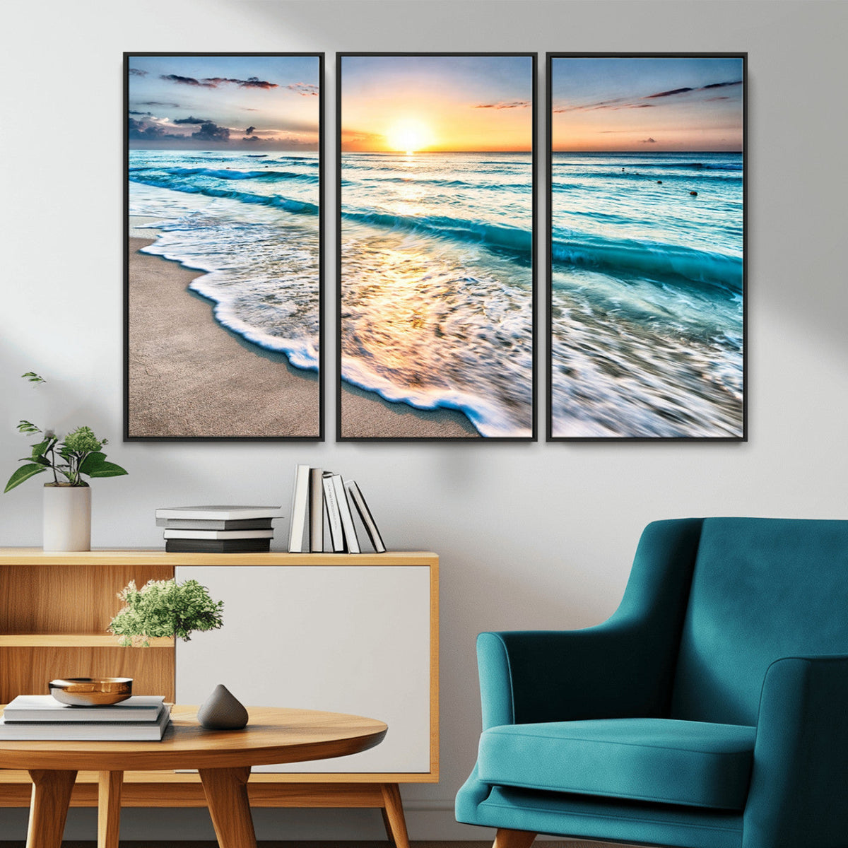 Sunset Beach Waves Canvas Wall Art – 5-Panel Ocean Sunset