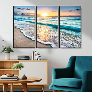 Sunset Beach Waves Canvas Wall Art – 5-Panel Ocean Sunset