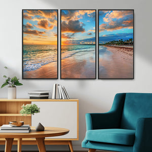 Sunset Ocean Waves on Tropical Beach, 3-Panel Giclee Canvas