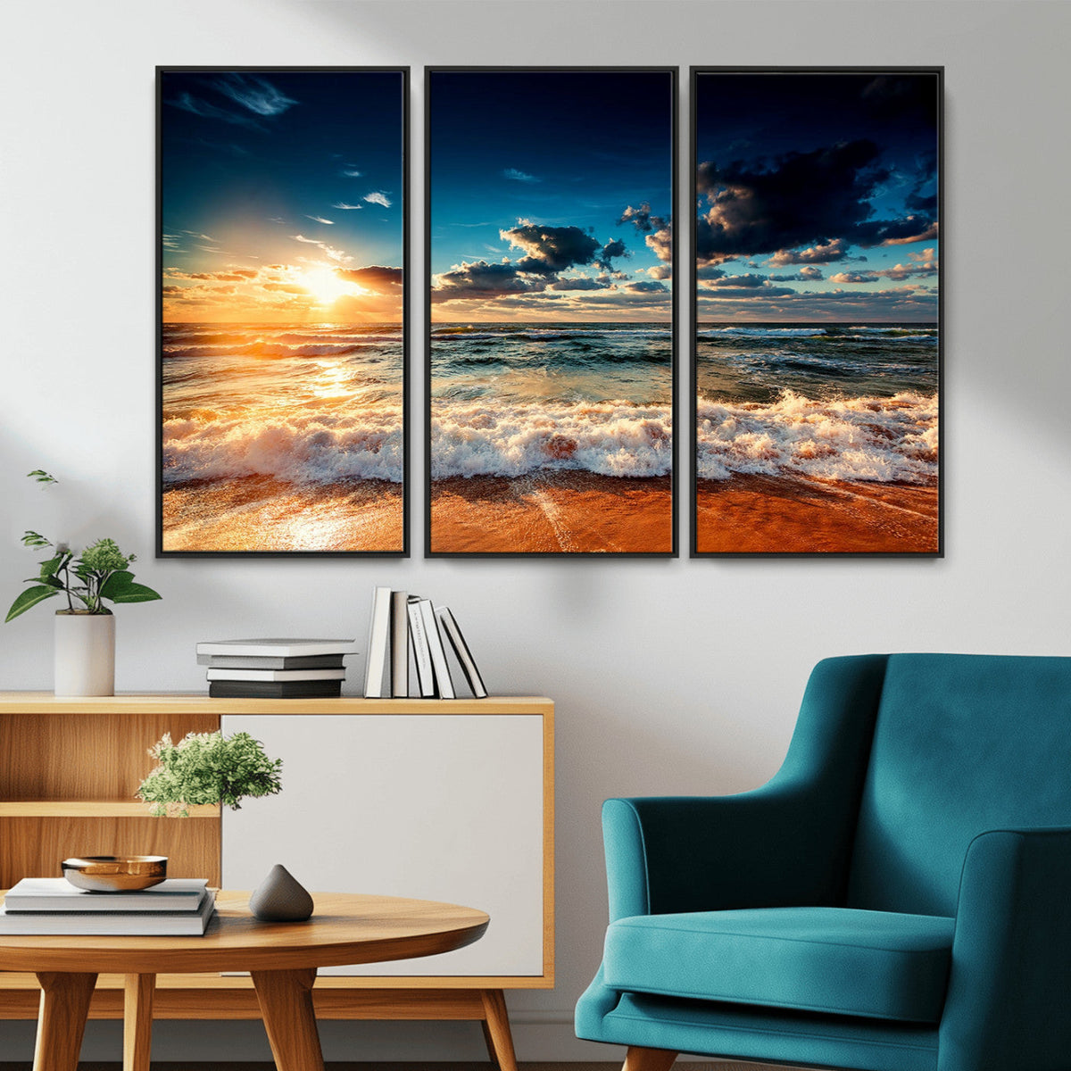 Golden Hour Sunset Over Ocean Waves Wall Art Canvas Print |