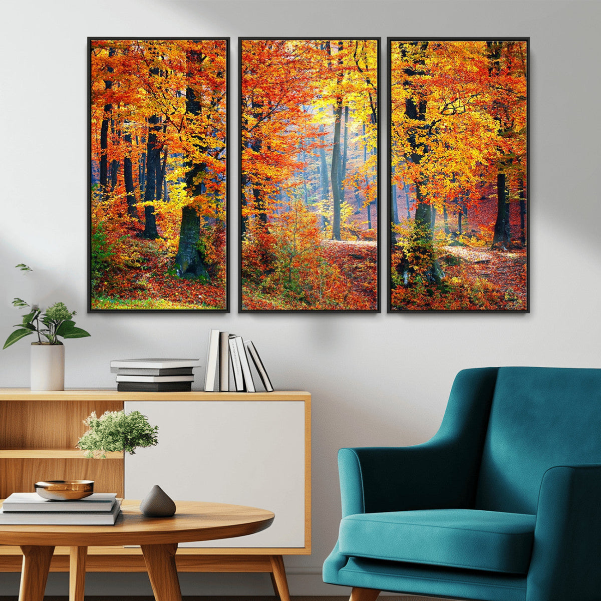 Autumn Red Forest Triptych Canvas Wall Art Print, Forest