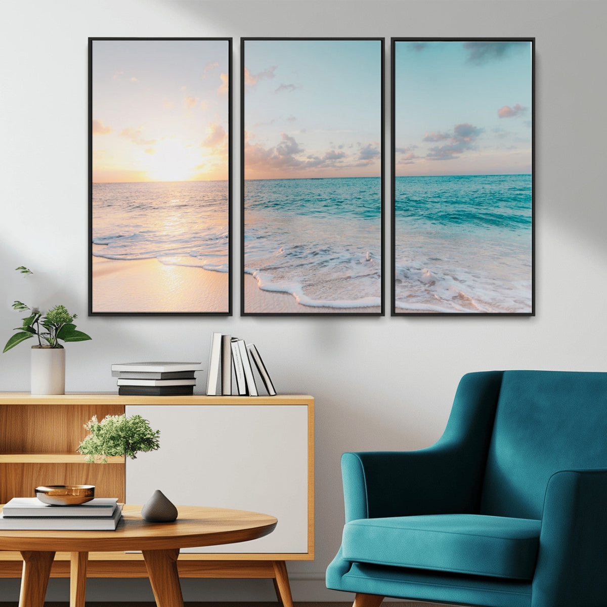 Tranquil Ocean Beach Sunset Canvas Wall Art | 3-Panel