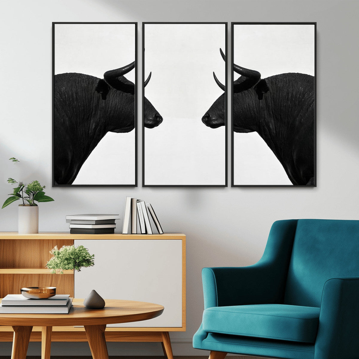 Spanish Bull Art - Framed Black and White Bull Canvas Print
