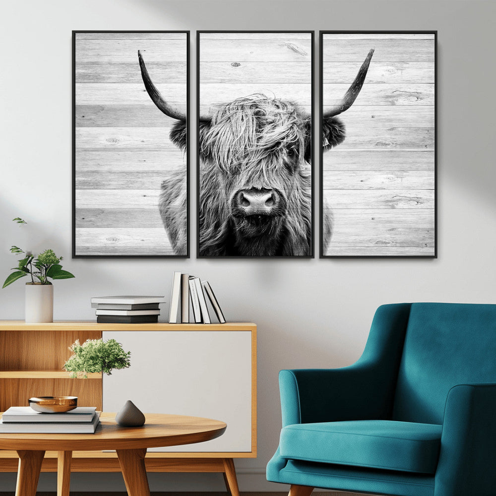 Scottish Highland Cow Cattle Art Print on Wood Background