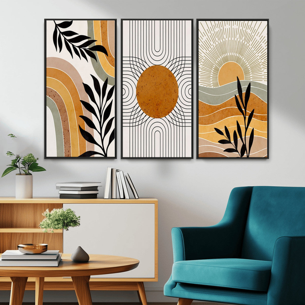 Modern Boho Sun and Leaf Abstract Art – 3-Panel Giclée