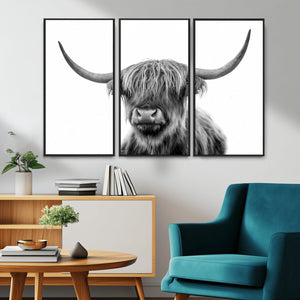 Grayscale Scottish Highland Cow Cattle Art Print Farmhouse