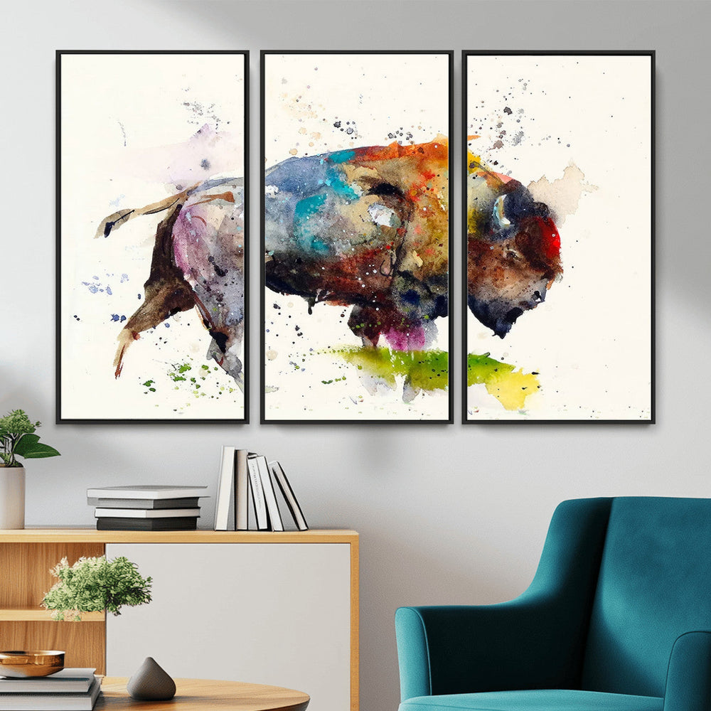 Abstract Buffalo Wall Art, Western Watercolor Bison Canvas