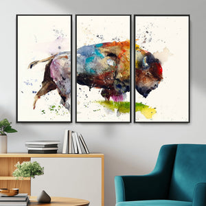 Abstract Buffalo Wall Art, Western Watercolor Bison Canvas