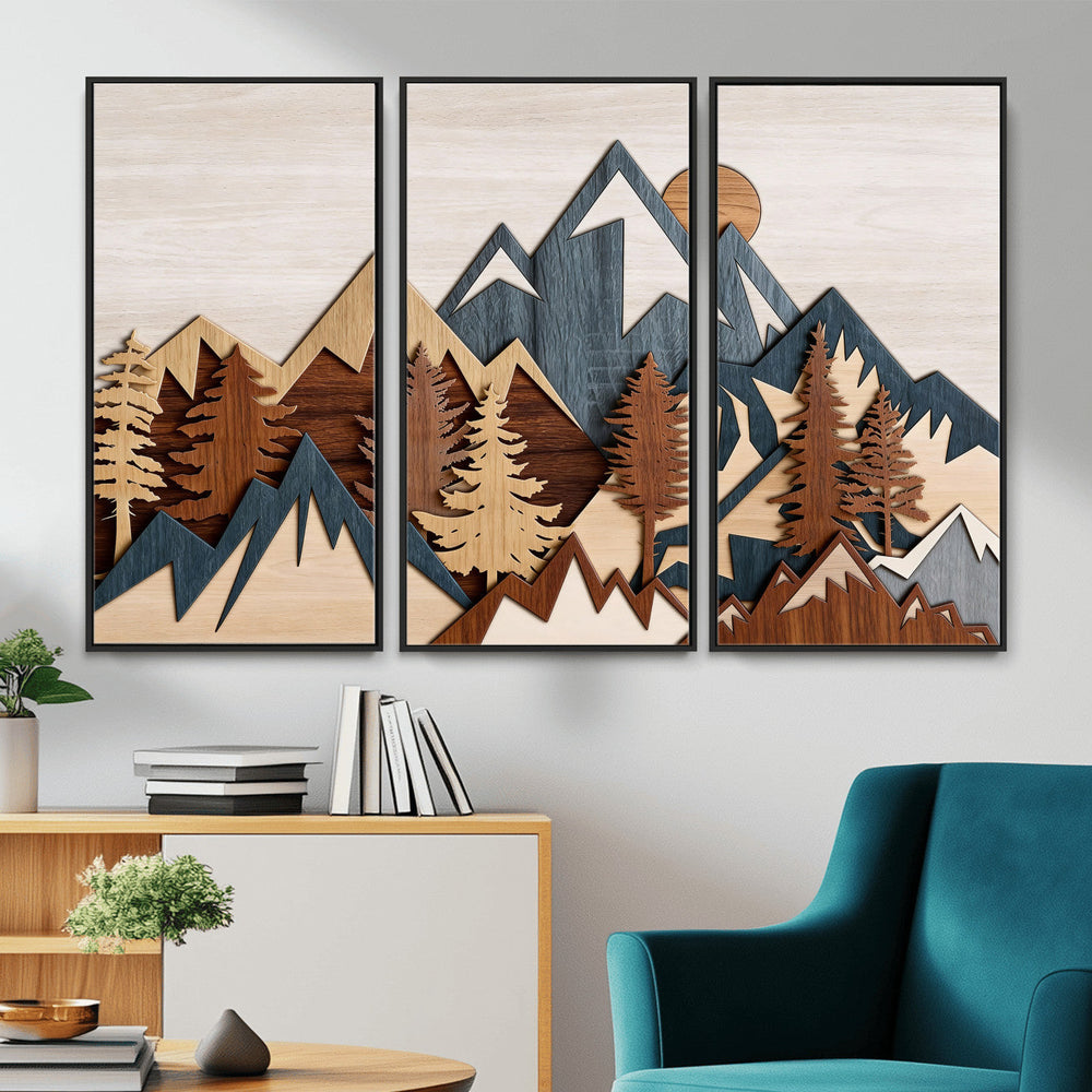 Woodland Mountain Landscape Triptych, Giclee Canvas Art for