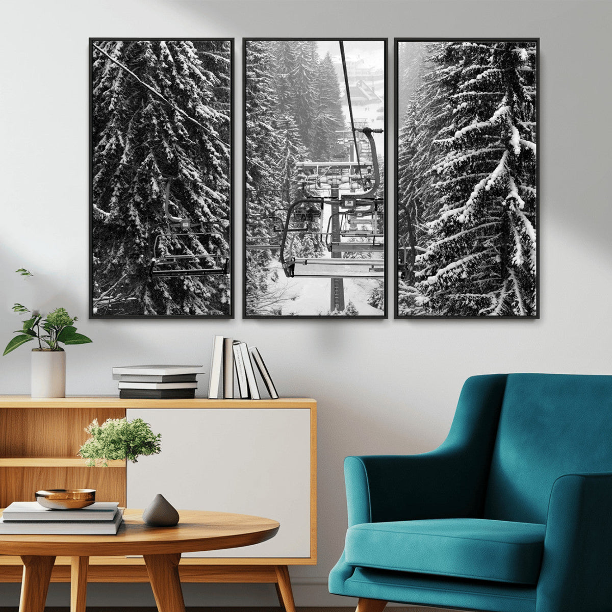 Winter Ski Lift Black and White Canvas Wall Art – Alpine