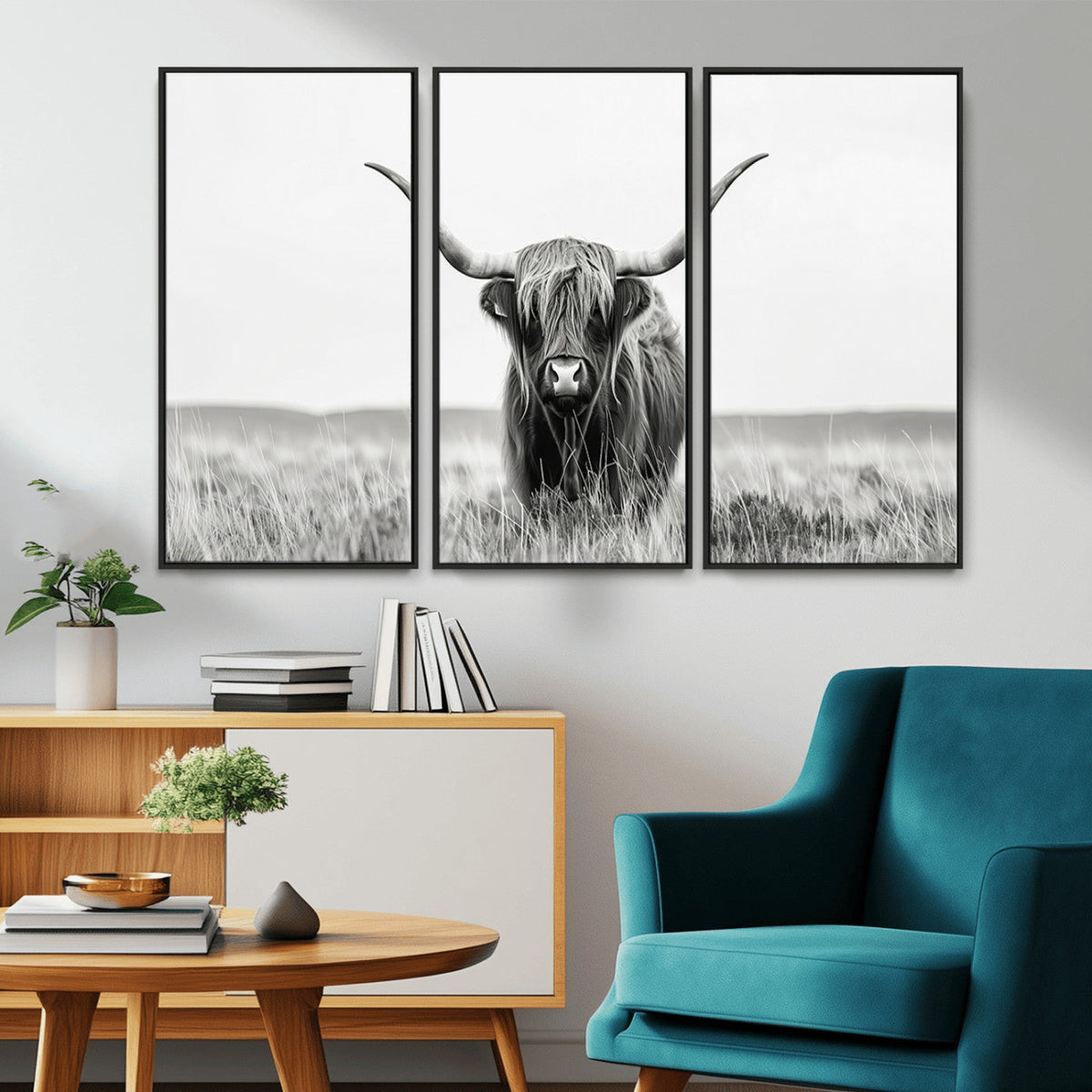 Highland Cow Canvas Wall Art – Majestic Beauty in Black and