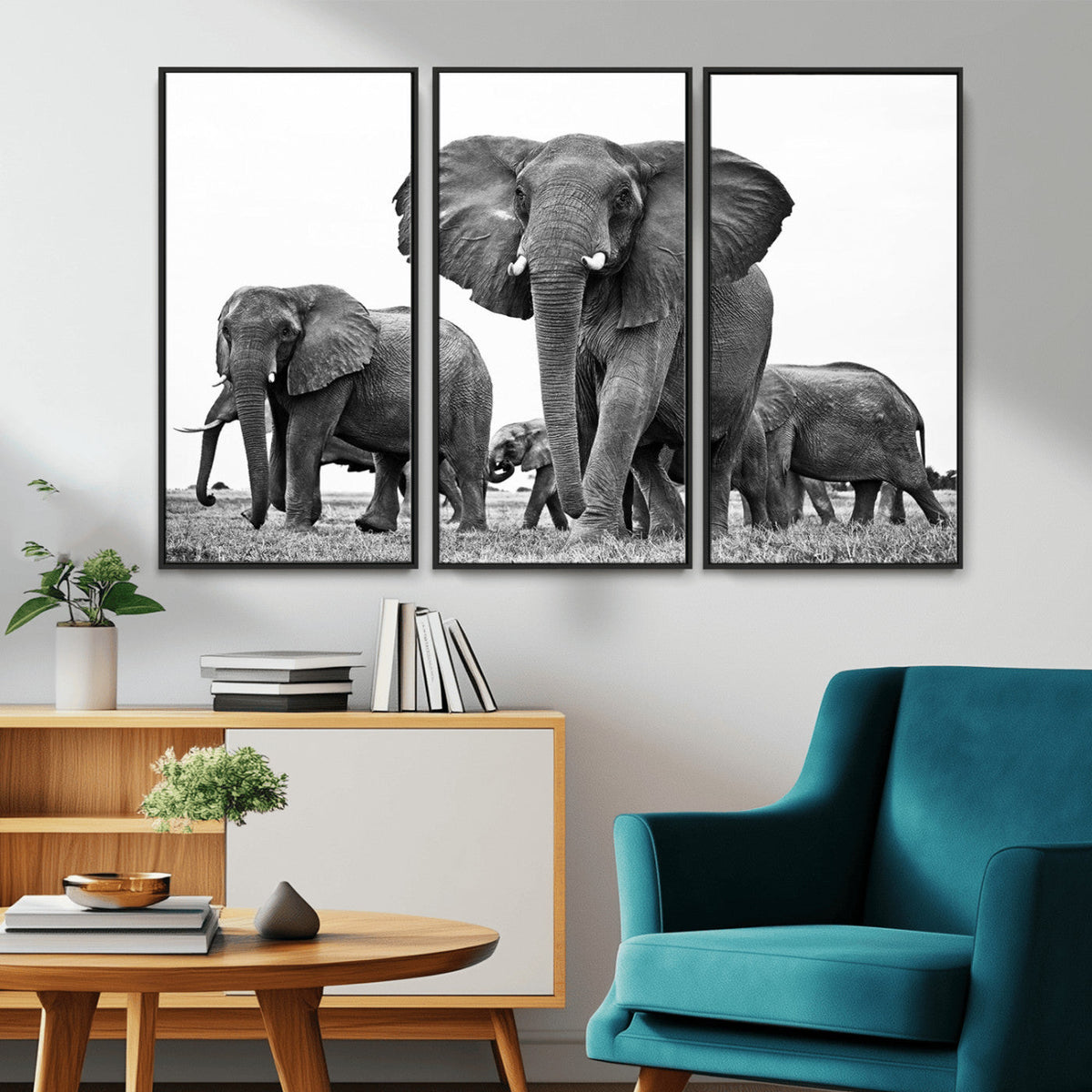 Black White Elephant Family Wall Art Canvas Print