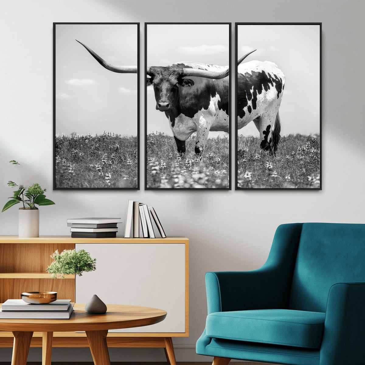 Texas Black White Highland Longhorn Cow Wall Art Canvas