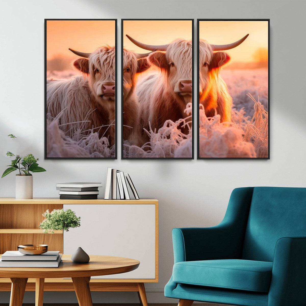 Highland Cows at Sunrise Wall Art Canvas Set – Serene and