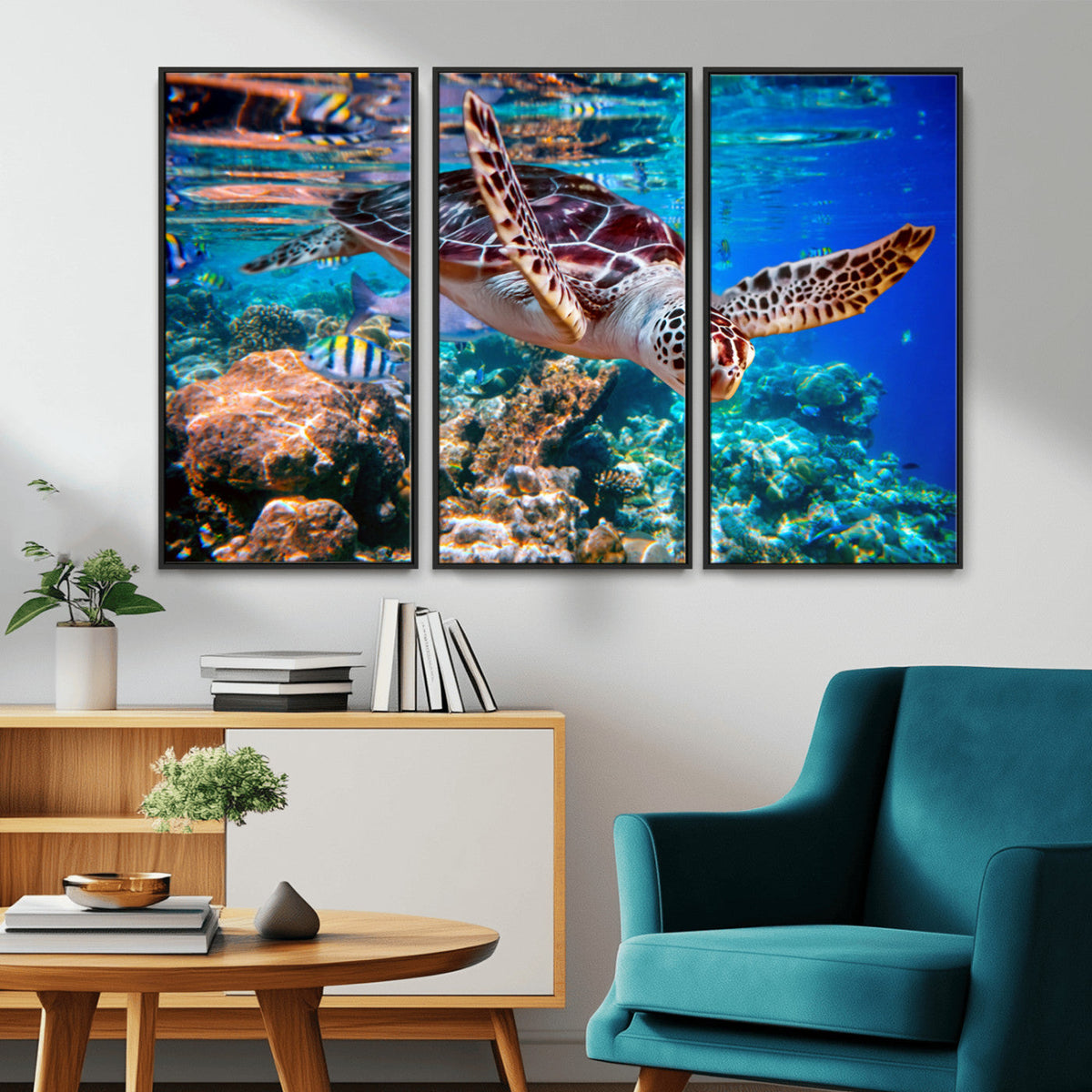 Underwater Coral Reef Sea Turtle Wall Art Canvas Print,