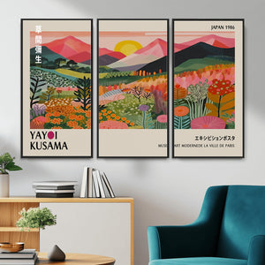 Yayoi Kusama Landscape Canvas Print, Vibrant Floral Mountain Art Print, Framed Botanical Wall Art -