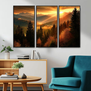 Golden Sunset Over Mountain Forest Canvas Wall Art Print -