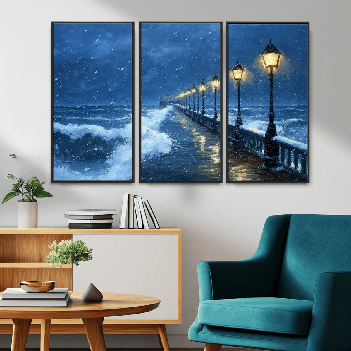 Stormy Ocean Pier Lights Canvas Wall Art Print - Large Moody