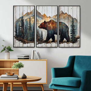 Rustic Grizzly 399 Bear and Mountain Wood Canvas Wall Art -
