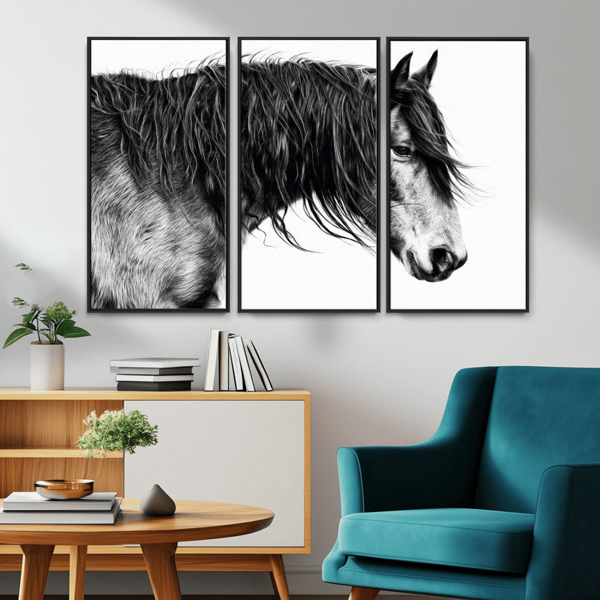 Majestic Horse Wall Art – Framed Black White Portrait Canvas