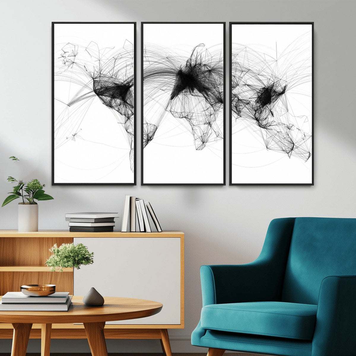 Abstract World Map Wall Art – Framed Geometric Line Canvas