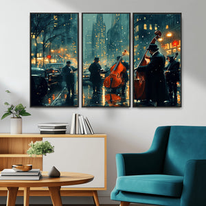 Urban Night Jazz Wall Art Canvas Print – Moody Rain-Soaked