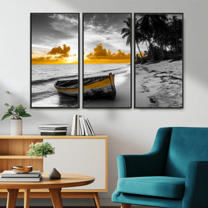 Yellow Rowboat Wall Art – Framed Tropical Shoreline Canvas