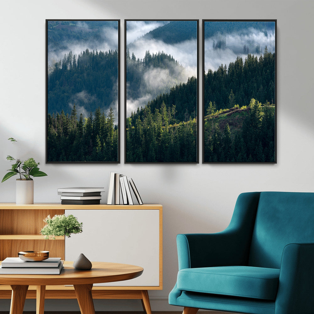 Misty Forest Wall Art Canvas Print, Serene Pine Hills and