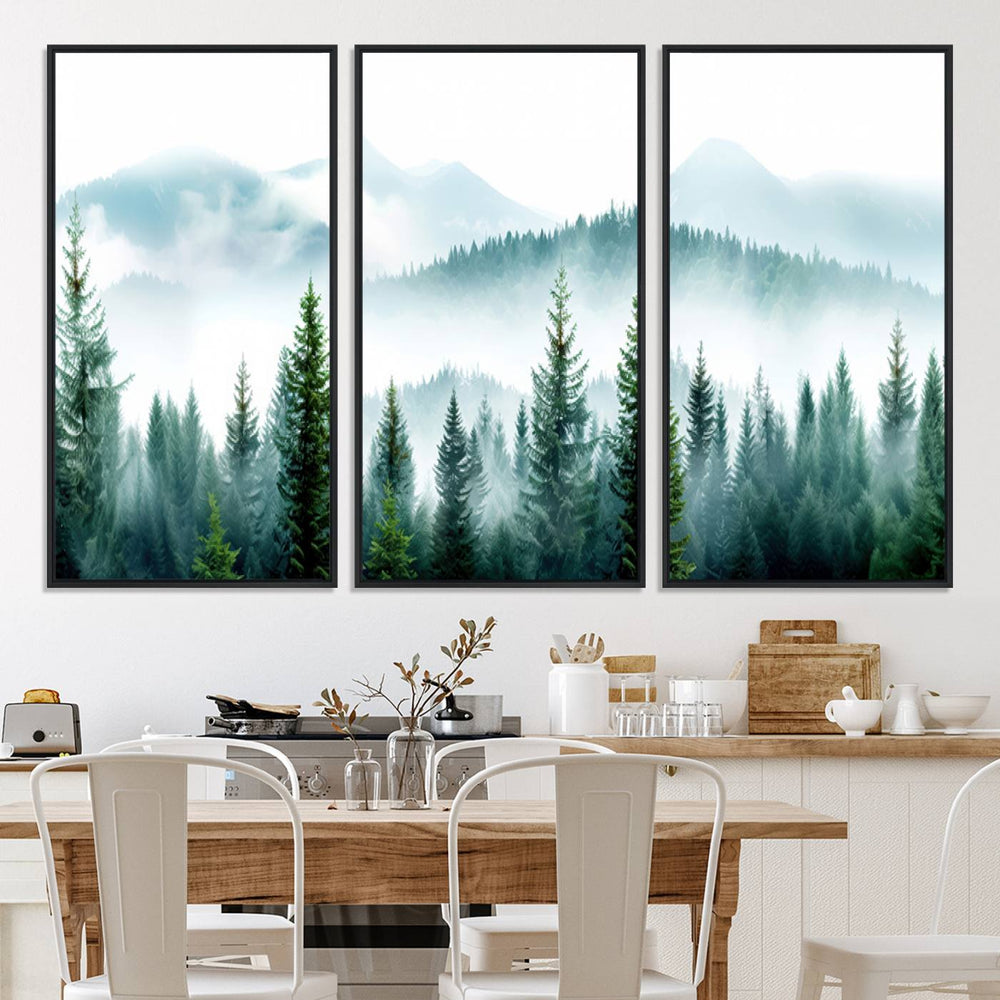 Pine Forest Wall Art Canvas Print – Misty Mountains Foggy
