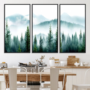 Pine Forest Wall Art Canvas Print – Misty Mountains Foggy