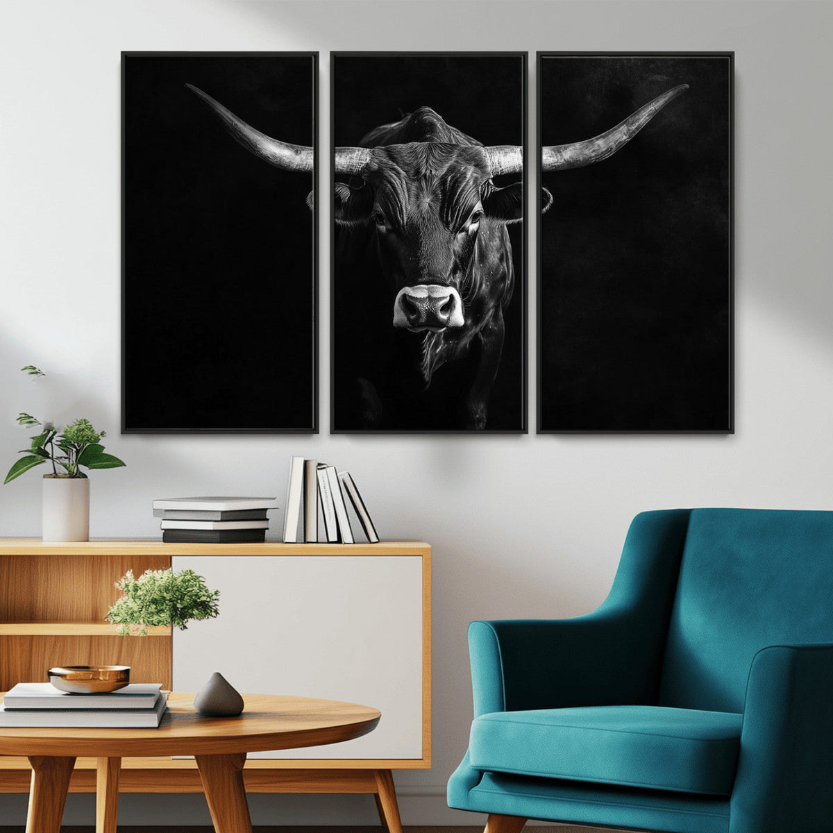 Texas Longhorn Wall Art Canvas Print – Framed Monochrome