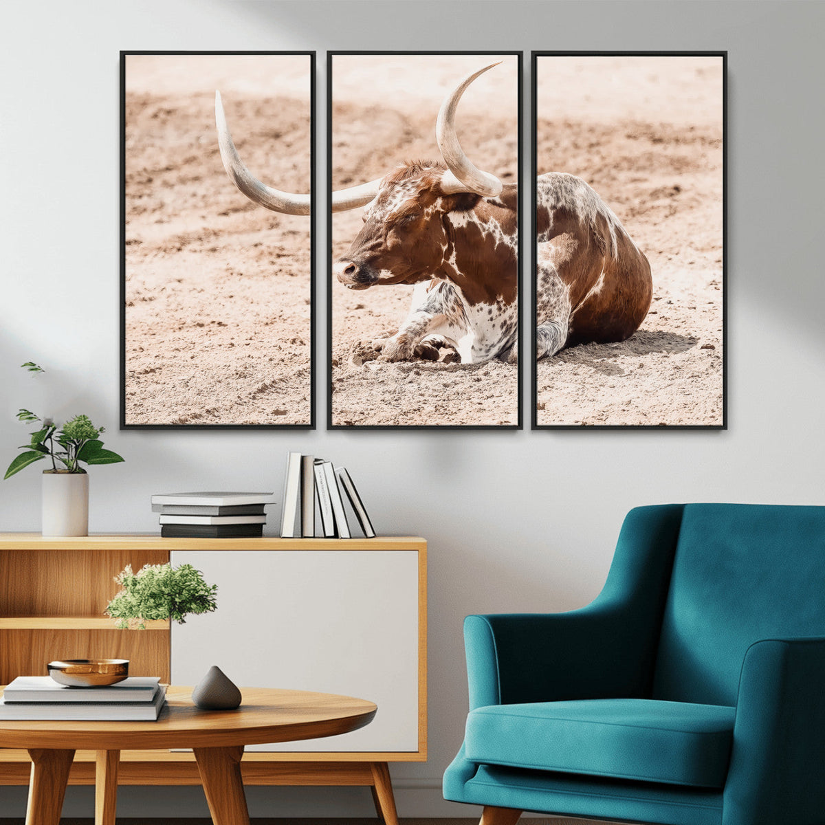 Texas Longhorn Wall Art – Framed Resting Bull Canvas