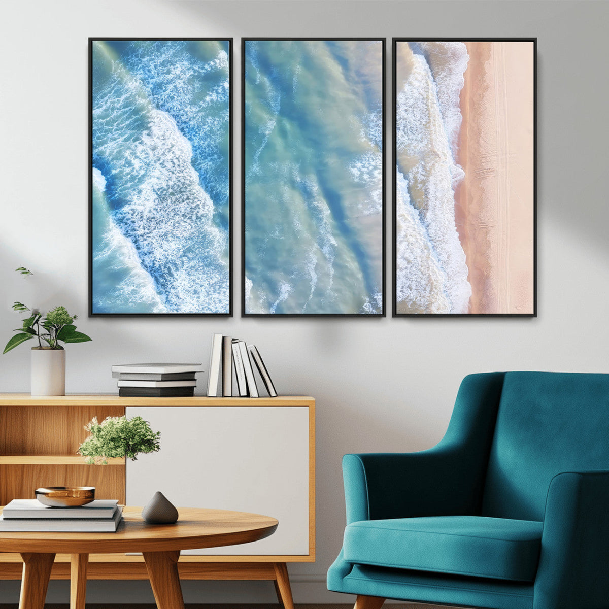 Aerial Ocean View Wall Art Canvas Print – Framed Soft Blue