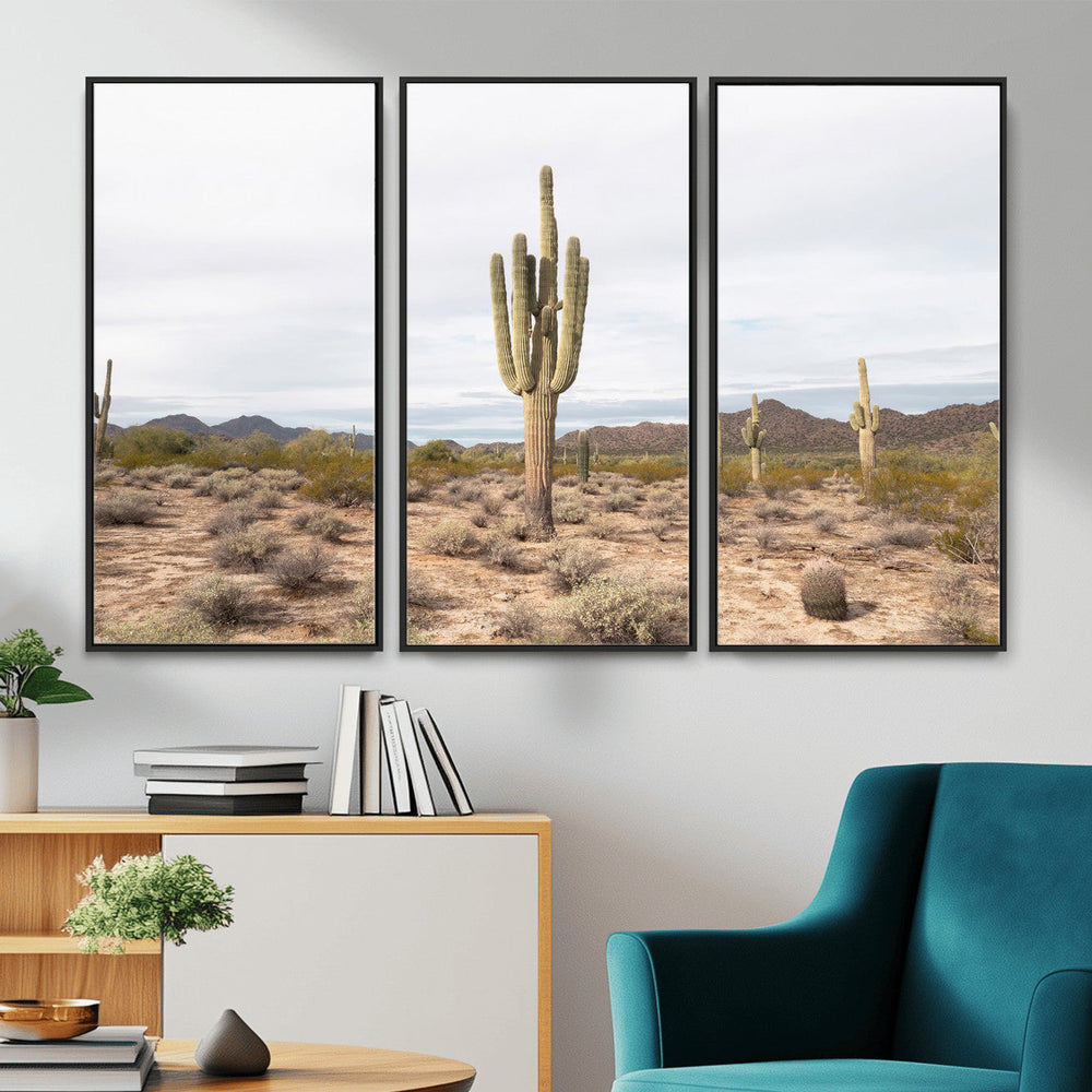 Saguaro Cactus Wall Art – Framed Desert Canvas Artwork,