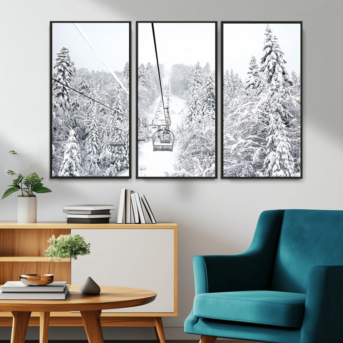 Snowy Ski Lift Wall Art – Framed Winter Mountain Canvas
