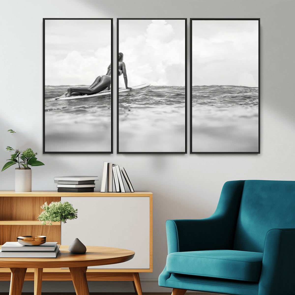 Black and White Surfing Wall Art Canvas Print – Framed Ocean