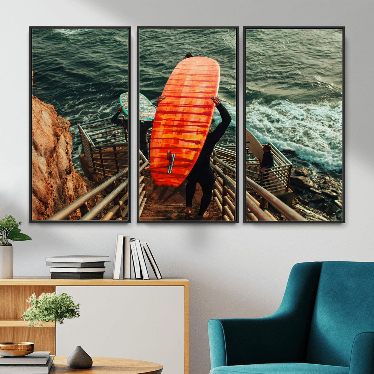 Surfer Stairway Wall Art – Framed Ocean Surf Canvas Artwork,