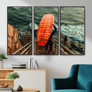Surfer Stairway Wall Art – Framed Ocean Surf Canvas Artwork,