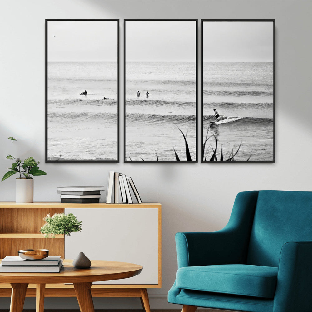 Surfer Silhouette Wall Art – Framed Calm Ocean Canvas
