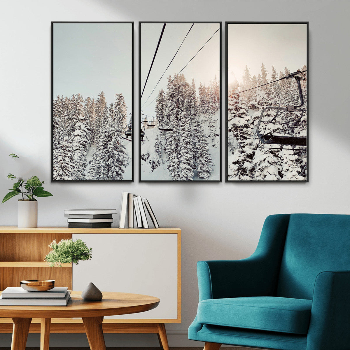 Frosty Pines Wall Art Canvas Print – Framed Cozy Cabin Ski