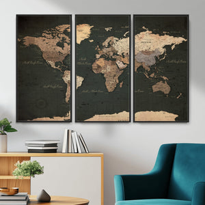 Vintage World Map Canvas Wall Art – Framed Travel Map for