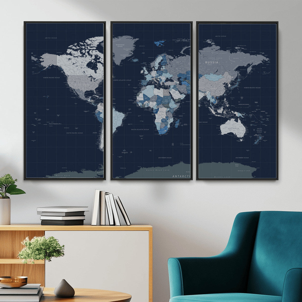 Blue Detailed World Map Wall Art Canvas Print, Modern Framed