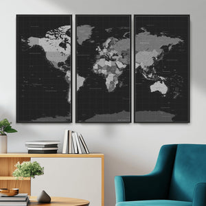 Black World Map Wall Art Canvas Print – Detailed Map of the