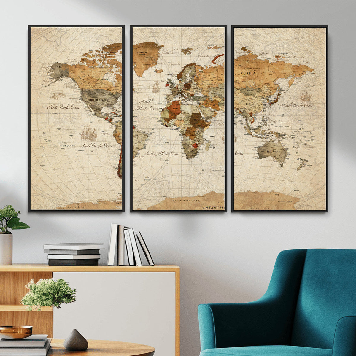 Rustic Vintage World Map Canvas Print – Framed Modern