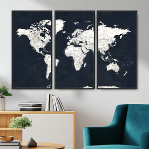 Black World Map Wall Art Canvas Print for Home Office and