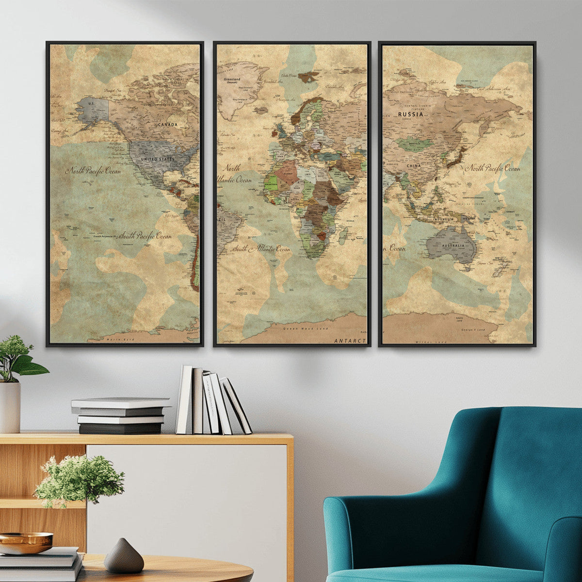 Vintage World Map Wall Art | Ready to Hang and Framed