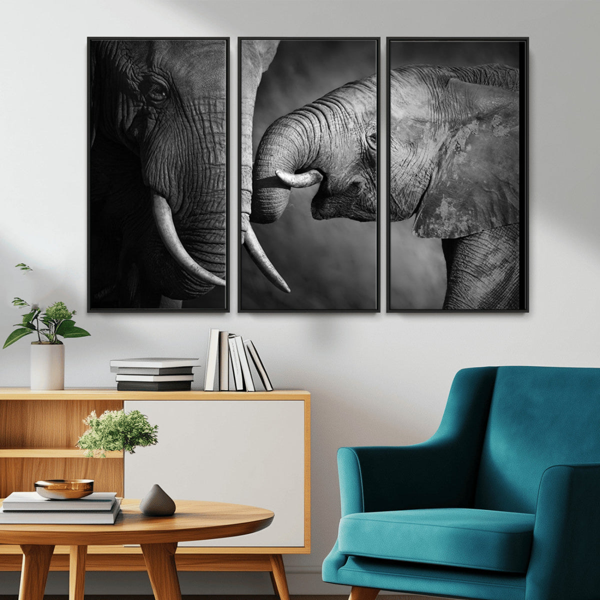Elephant Family Wall Art Canvas, Framed Elephant Family