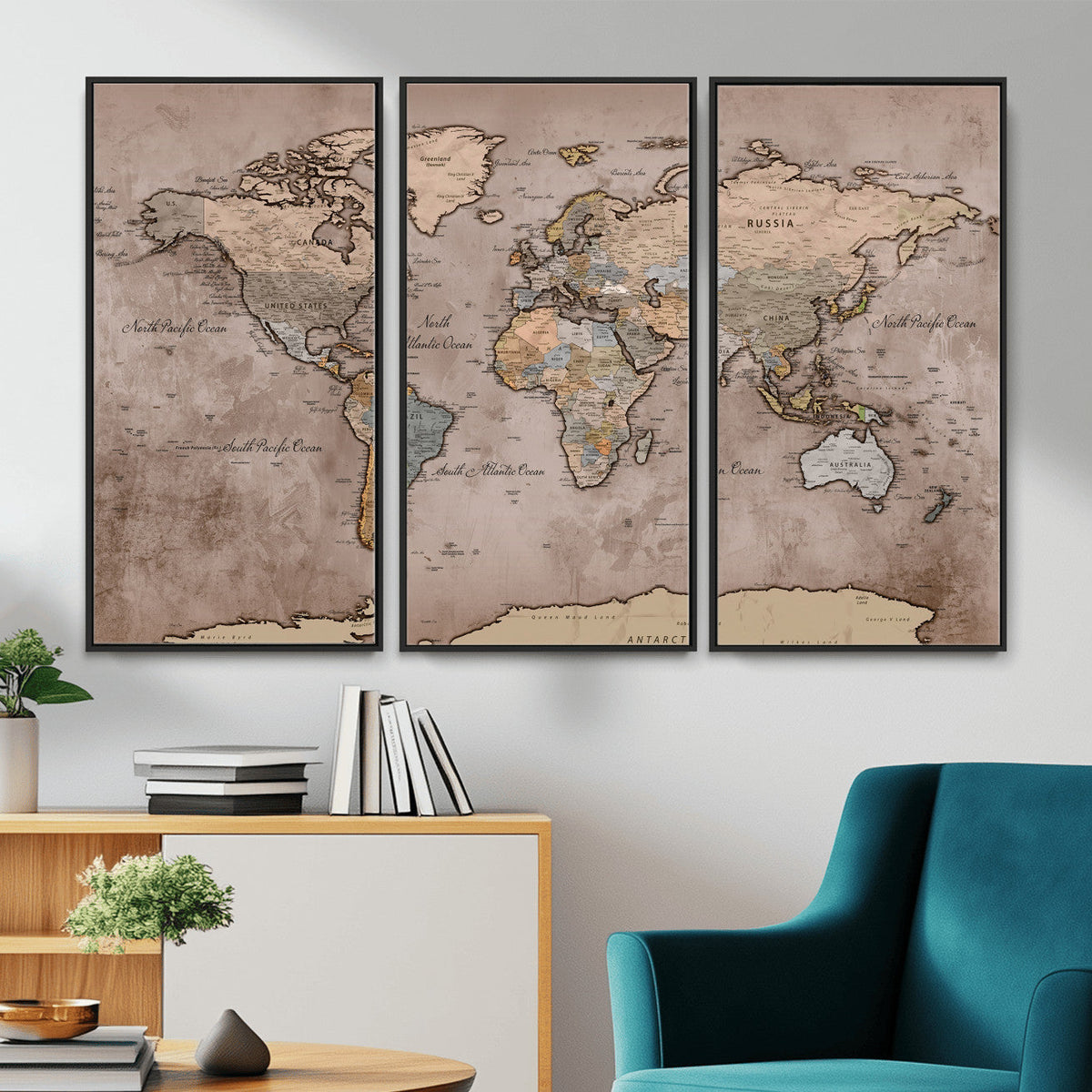 Grunge World Map Canvas Wall Art - Vintage Aged World Map