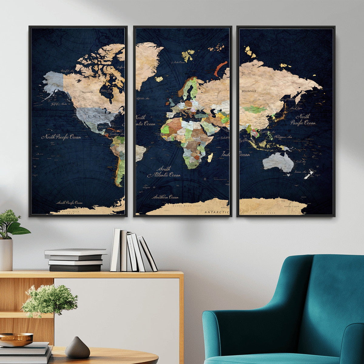 Minimalist World Map Canvas Wall Art - Watercolor Blue and